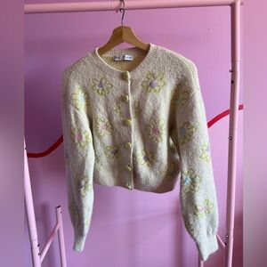 ZARA Cream Floral Jacquard Button Cardigan